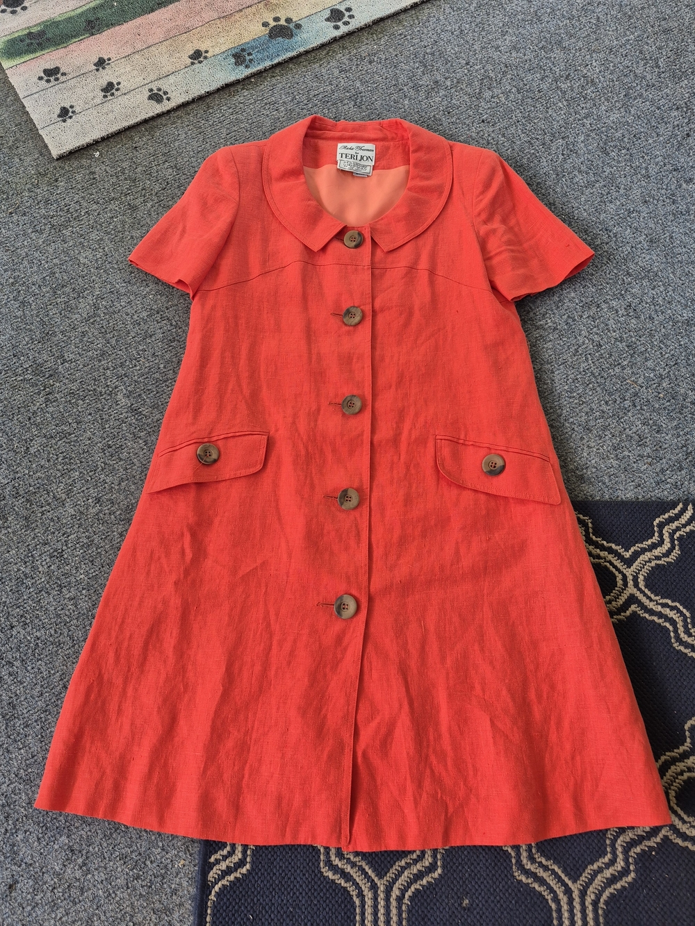 VINTAGE Teri Jon Coral-Red Button-Front Linen Shift Dress-6